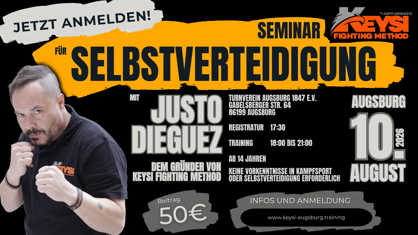 Banner für Keysi Seminar mit Justo Diegue am 10. August 2026